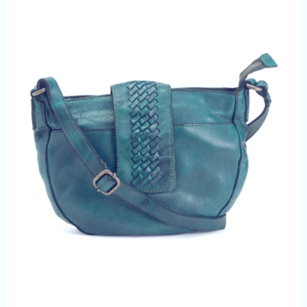 Anthropologie ViLenca Holland woven flap teal blue leather moon shaped bag